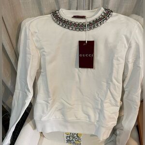 Gucci White Sweatshirt Top with side zip and Jewel Embellishments NWT